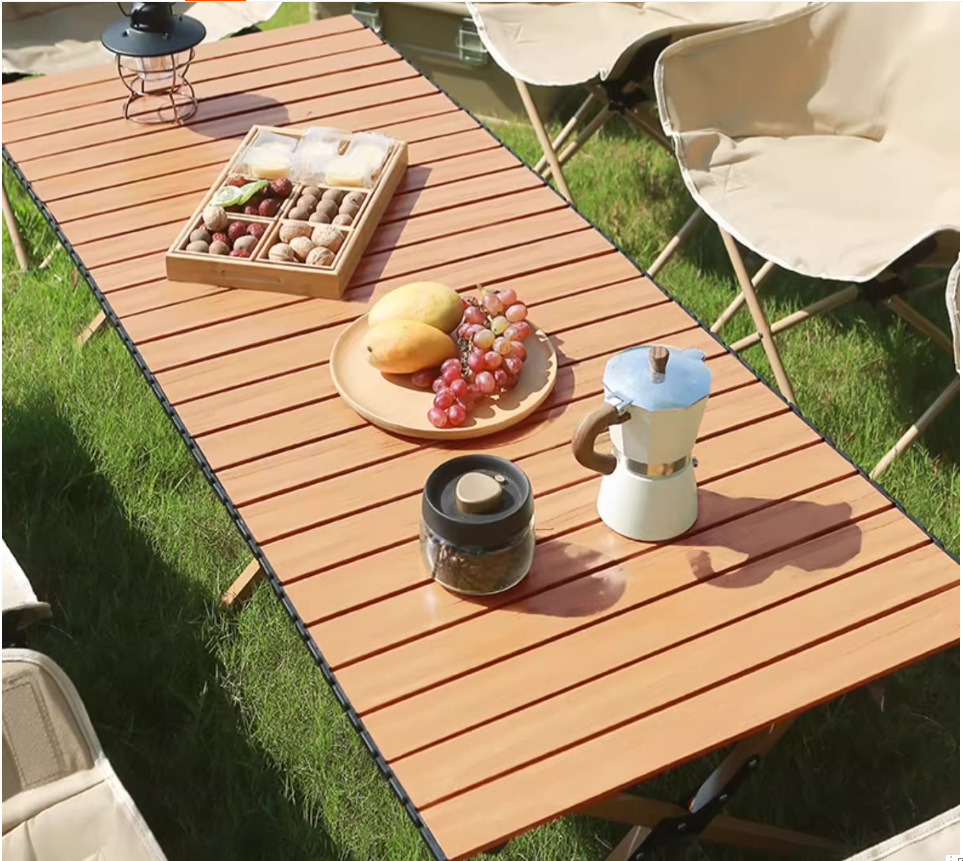 Modern Design Outdoor Folding Wood Grain Egg Roll Table Portable Stall Picnic BBQ Leisure Camping Table Chairs Slanted Leg Table