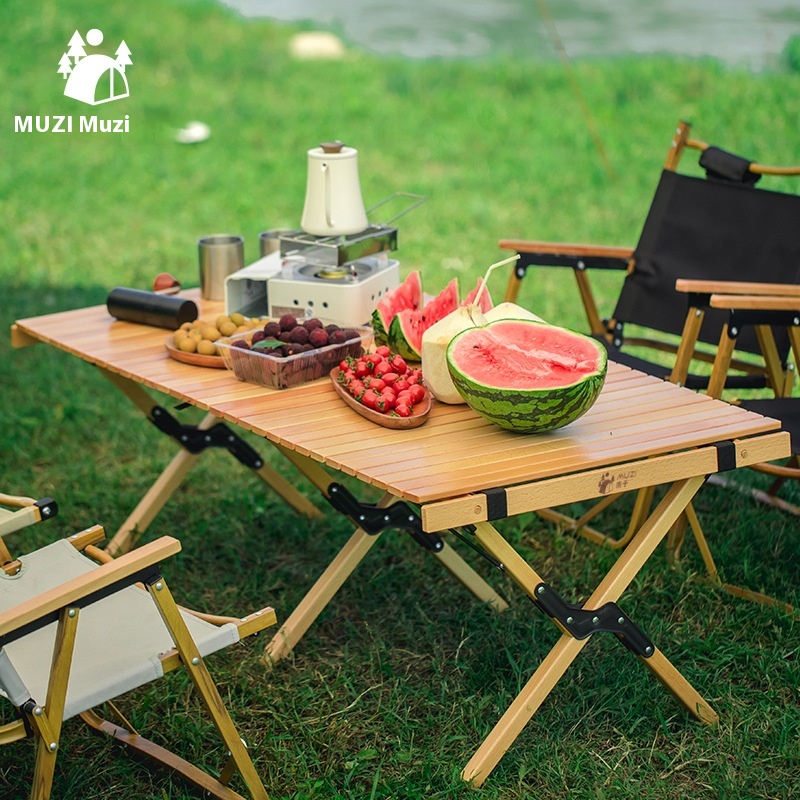Muzi Portable Egg Roll Table Multifunctional Solid Wood Beech Folding Night Market Stall for Outdoor Camping Outdoor Furniture