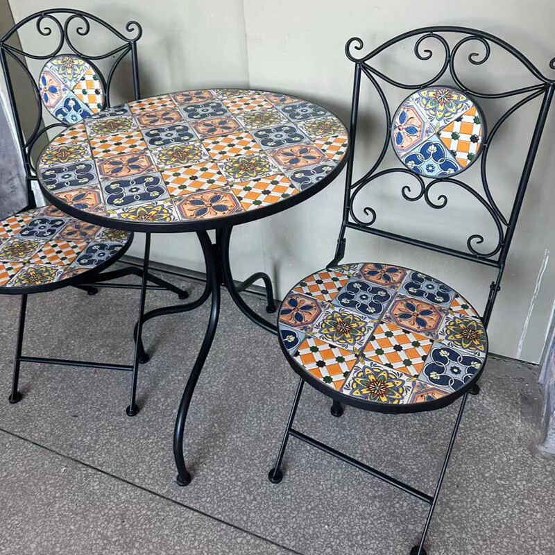 Outdoor Metal Folding Chair Set with Mosaic Cement Table Rustproof Wrought Iron Garden Furniture for Patio Yard