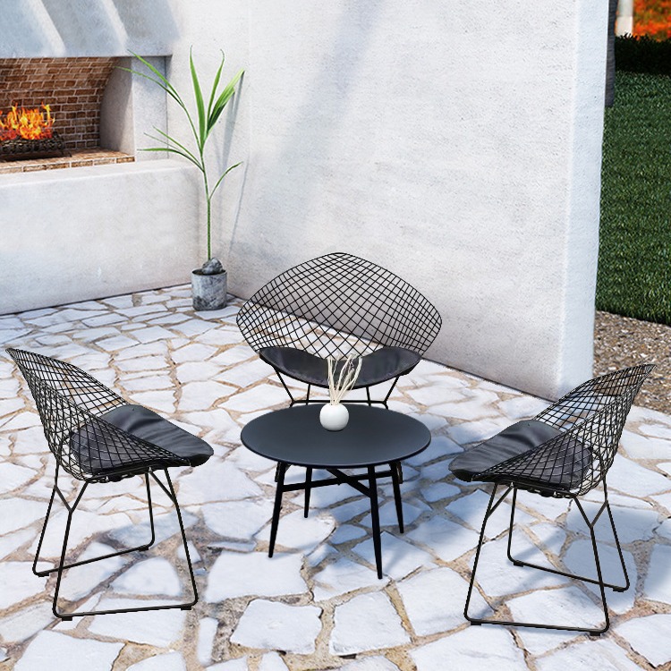 Modern Black Bamboo Foldable Portable Outdoor Chair Set Round Side Table Industrial Style for Patio/Deck