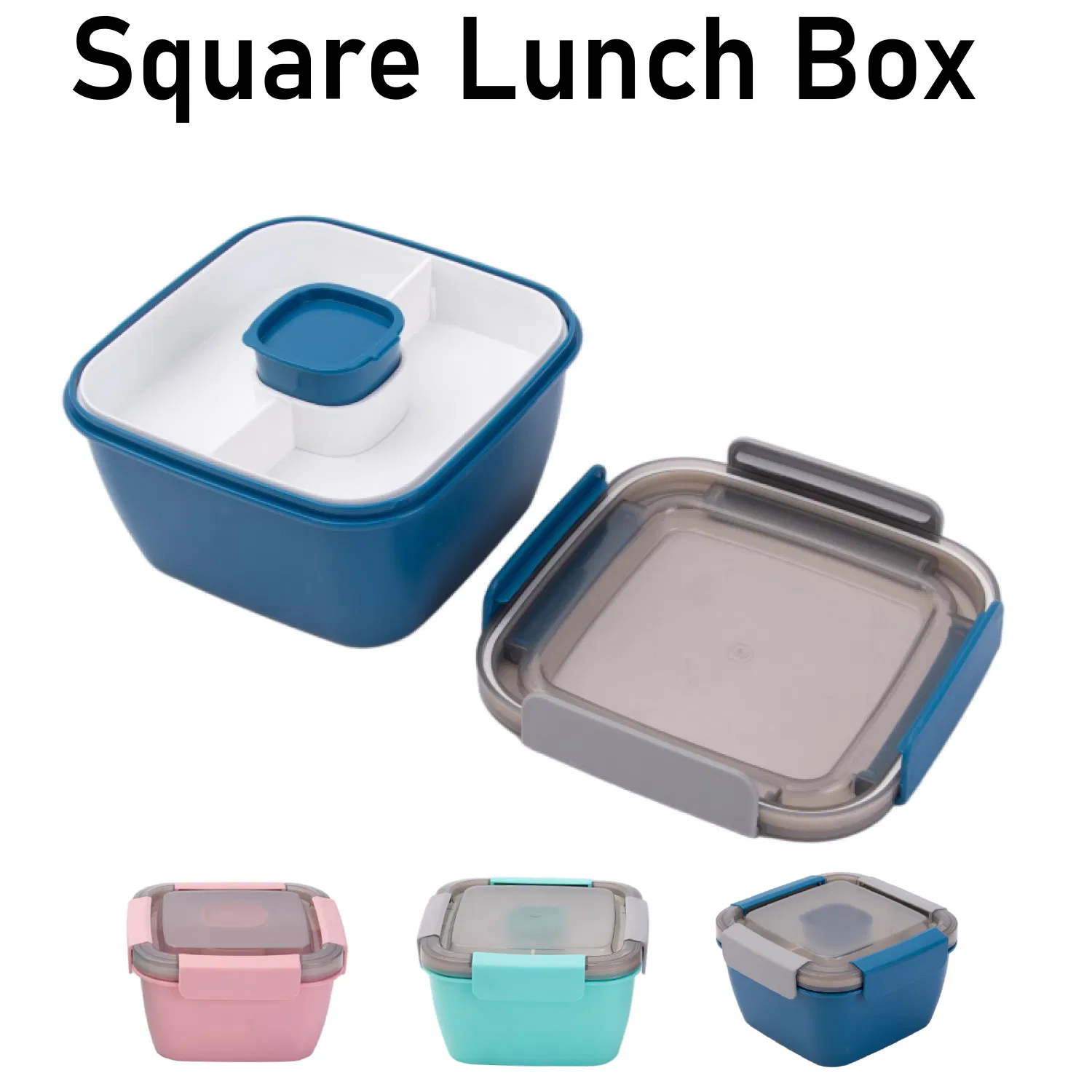 Blue Bento Salad Bowl with-Sauce Pot Integrated Spoon Airtight-Lid Outdoor Picnic Box