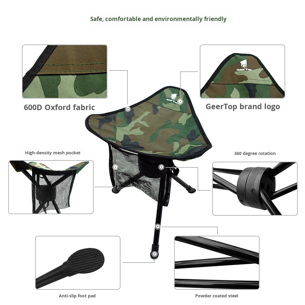 Aluminium Outdoor Camouflage Oxford Cloth Thickened Swivel Folding Chair-Portable Rotating Three-legged Camping Fishing Outdoor