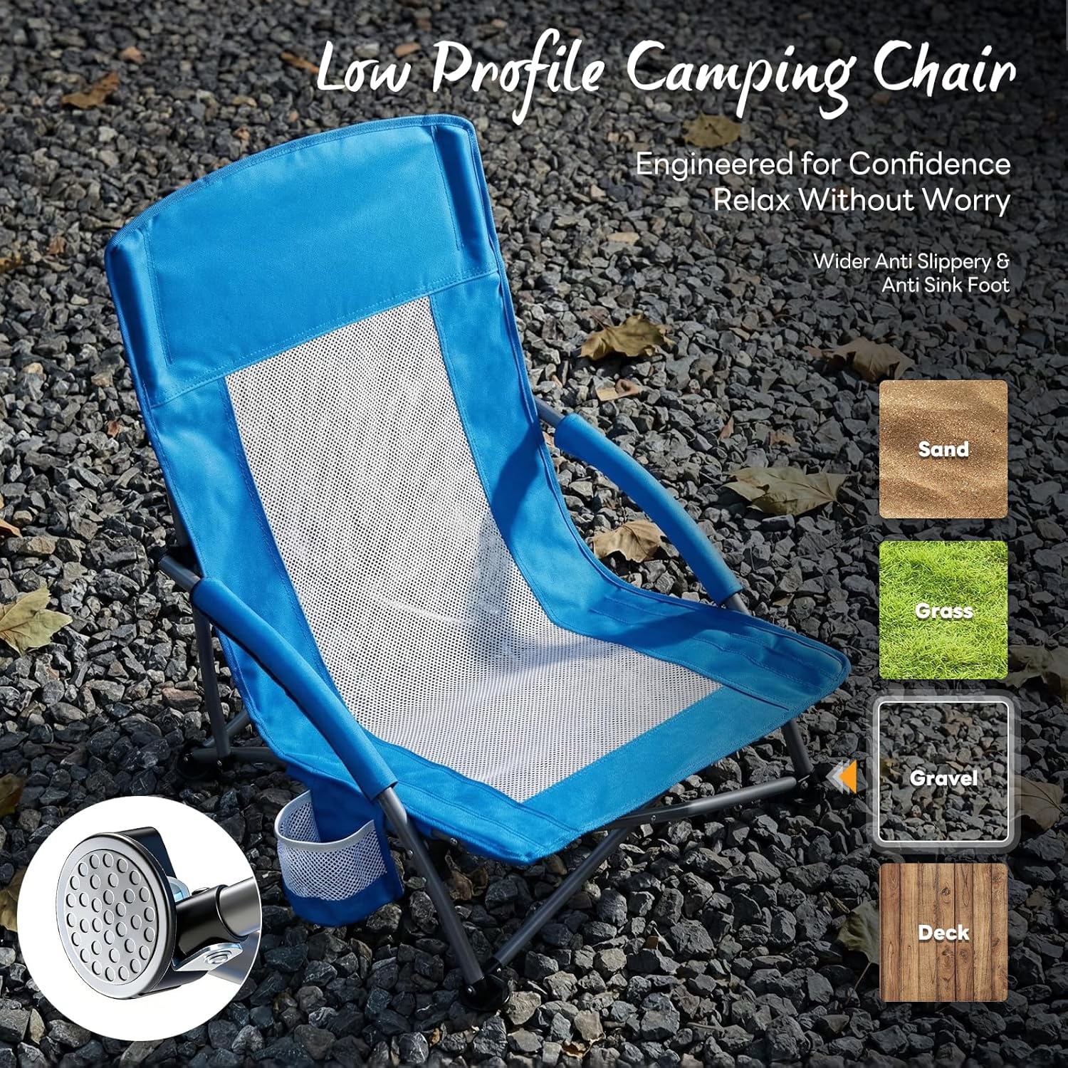 NBT Outdoor Low Profile Beach Chair-Folding Camping Chair Iron Frame Oxford Mesh Cup Holders Carry Bag Extra Wide Seat High Back