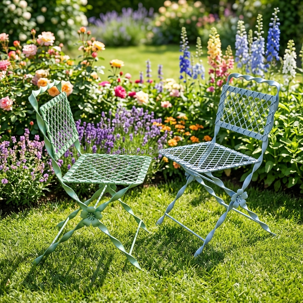 Hand Twisted Wrought Iron Foldable Patio Chair Diamond Mesh Seat &amp; Floral Decoration Accent, Twisted Metal Folding Garden Chair