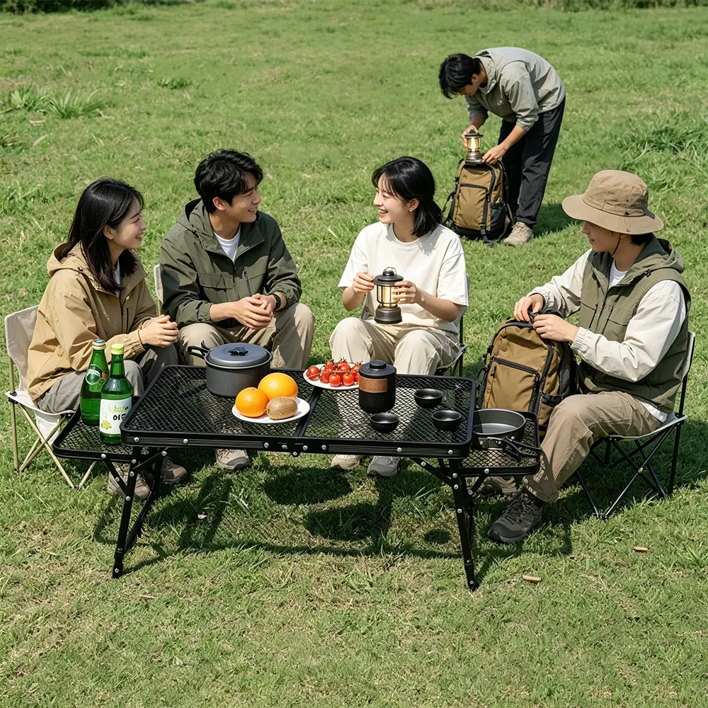 Foldable Outdoor Mesh Table with 2 Side Trays for Fishing Picnic
