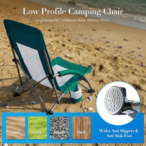 Camping Folding Portable Beach Chair with Cup Holder Storage Pocket Breeze Mesh Back Padded Armrests for Camp Picnic Lawn Sand