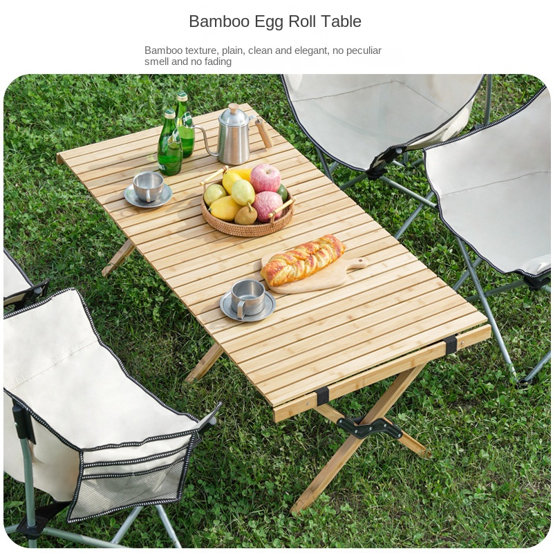 Outdoor Egg Roll Camping Table Folding Lightweight Bamboo Solid Wood Rectangular Shape Table with Chair