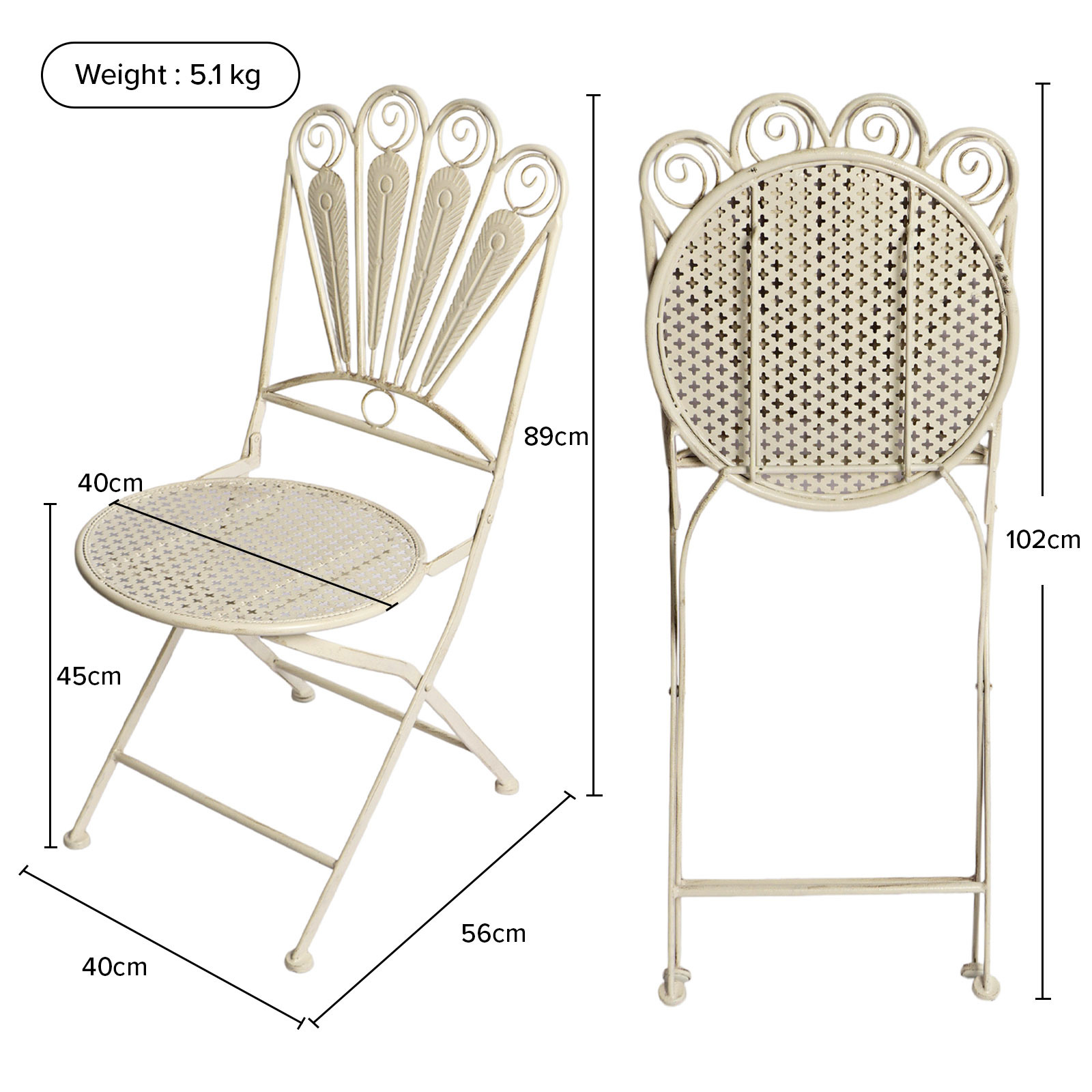 European-style White Metal Frame Wrought-Iron Outdoor Folding Chair Patio Balcony Foldable Lounge Chair for Banquet
