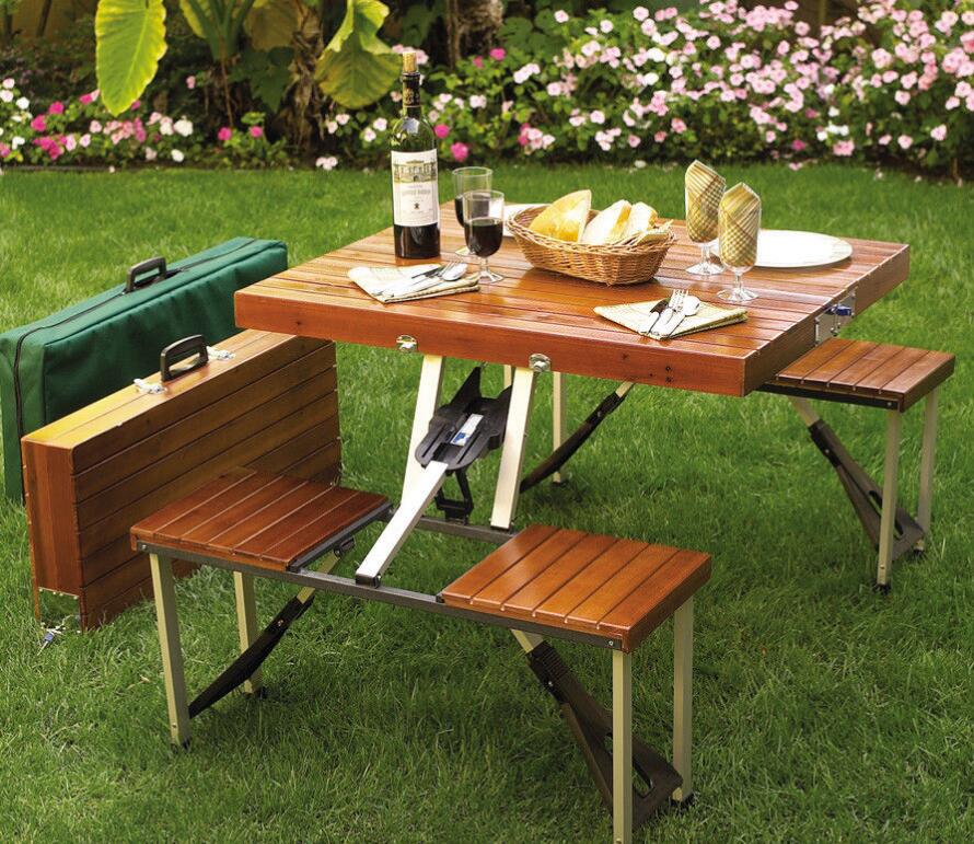 Hot-sale China Wholesale Suitcase 4 Seat Portable Wooden Foldable Outdoor Camping Folding Picnic Table With Umbrella Hole