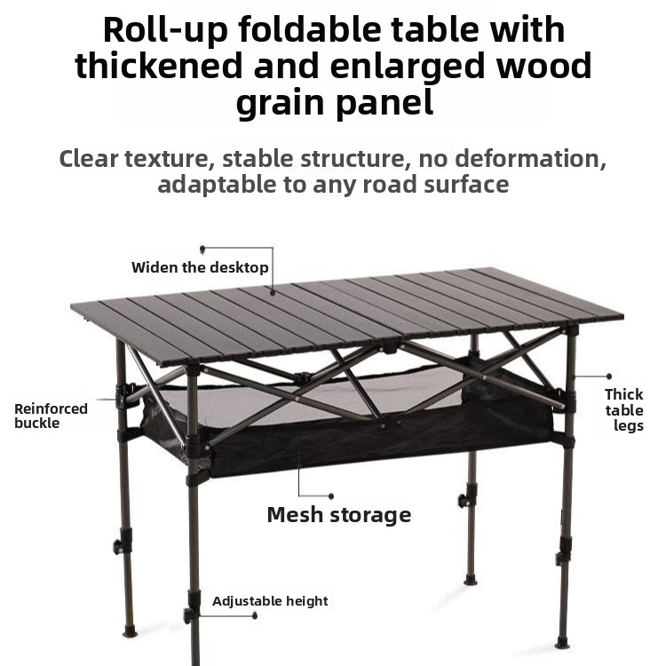 Outdoor Carbon Steel Folding Table Egg Roll Table Portable Camping Picnic Wood Grain Adjustable Height Mesh Storage Pouch