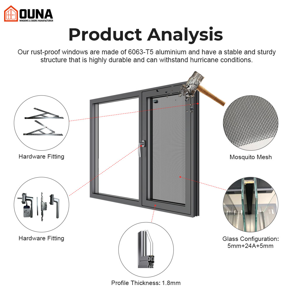 OUNA NFRC Hurricane Proof Impact Window Energy Saving Low E Glass Thermal Break Casement Aluminum windows and Doors for House