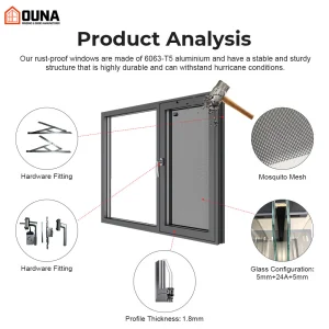 OUNA NFRC Hurricane Proof Impact Window Energy Saving Low E Glass Thermal Break Casement Aluminum windows and Doors for House
