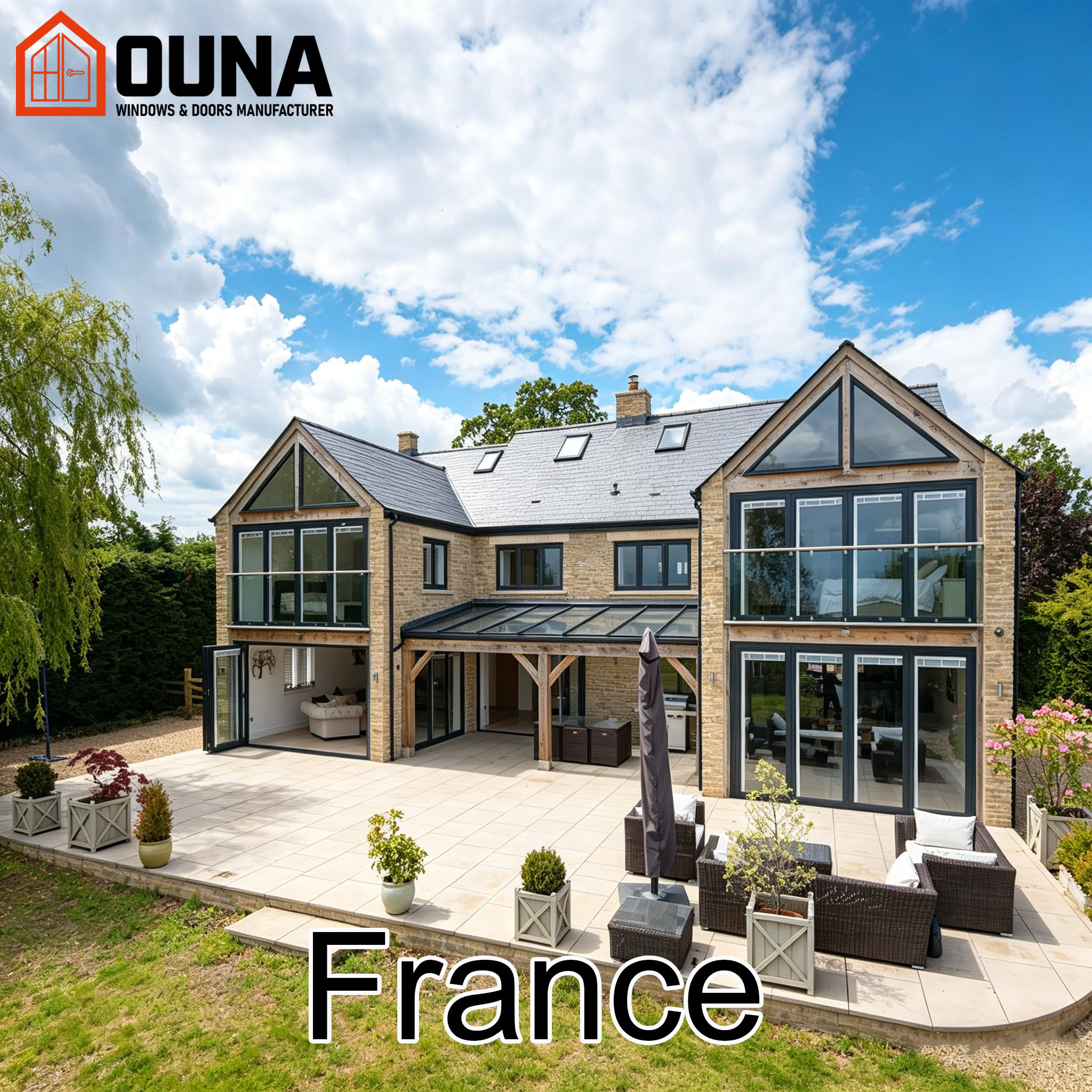 OUNA France Project Engineering Ce Certification Folding Door Tempered Glass Aluminum Window Heat Insulation Other Windows