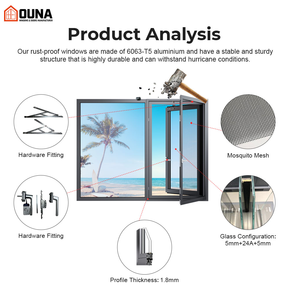OUNA Double Glazed NFRC CSA NOA Aluminum Alloy Swing Casement Window Thermal Break System for Energy Efficient Villa Homes