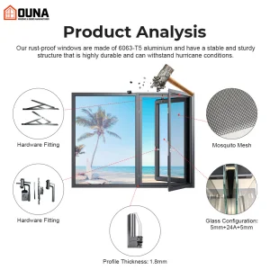 OUNA Double Glazed NFRC CSA NOA Aluminum Alloy Swing Casement Window Thermal Break System for Energy Efficient Villa Homes