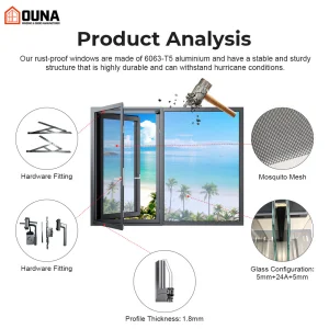 OUNA Aluminum Casement Window Double Glazed Tempered Glass Thermal Break Soundproof Energy Saving CE NFRC NOA CSA Certified