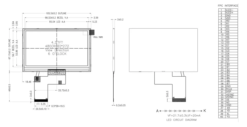 4.3 Inch TFT LCD Drawing