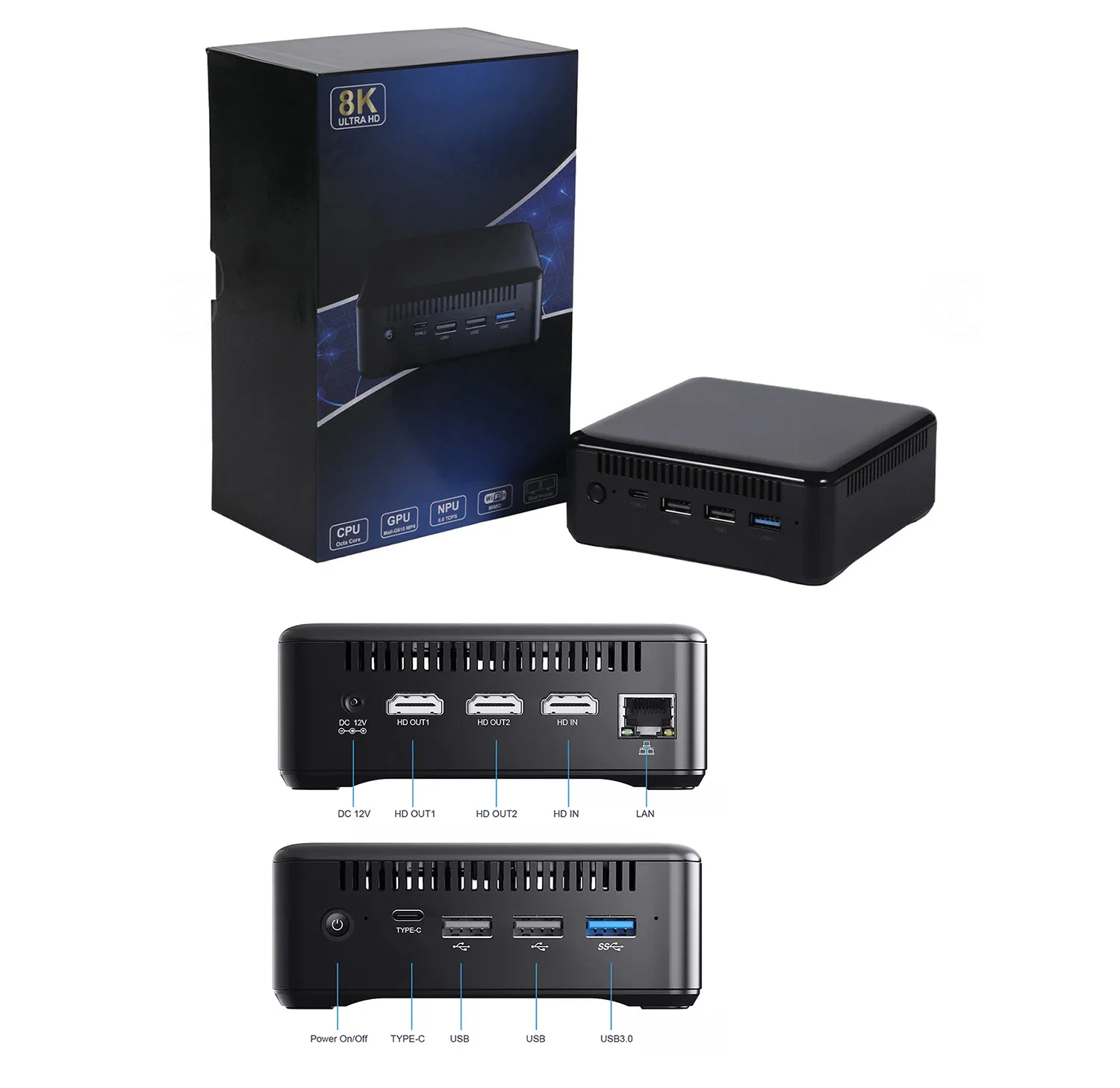 8K/4K USB Interfaces WiFi Bluetooth 4/8/16GB RAM 16/32/64/128GB ROM Android 12 Poe HD HDMI V60 Rockchip Rk3588 Ai Industrial Fanless Mini Embedded Computer