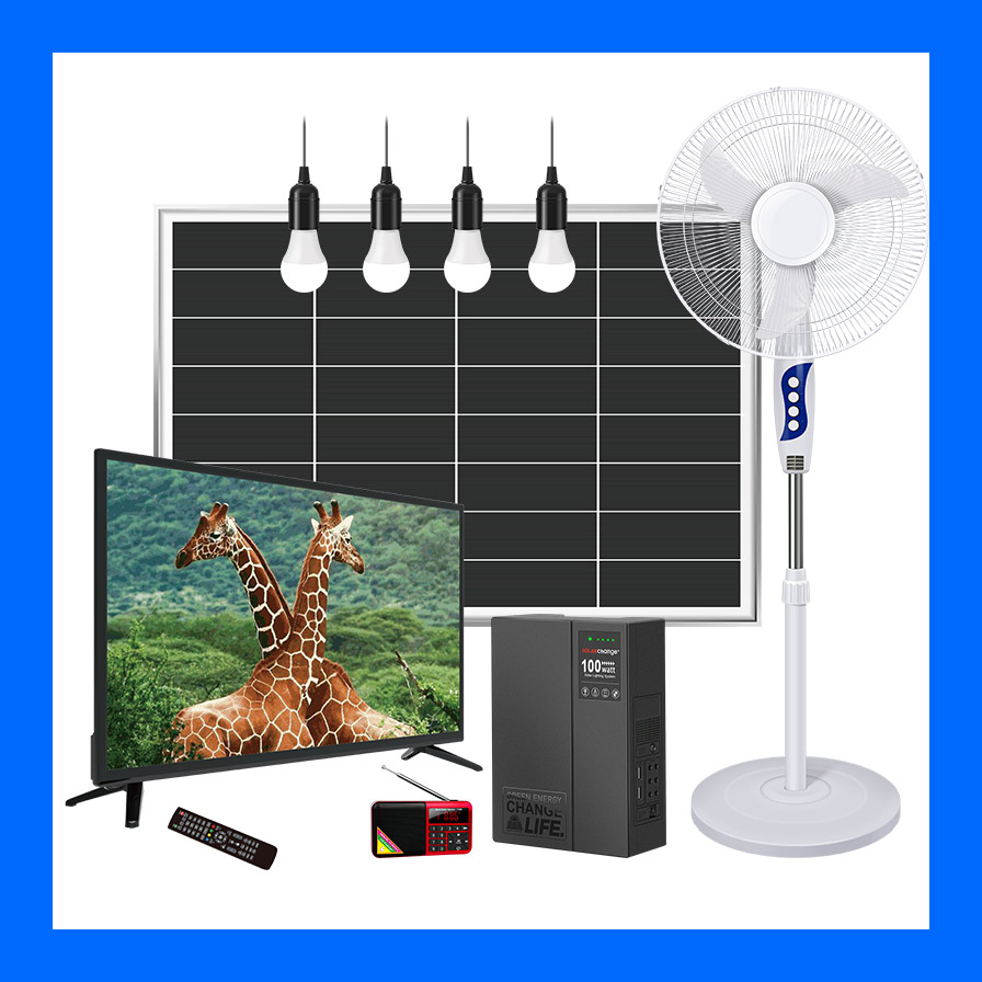 Lighting Globle Certified 50W Solar Home Lighting System with 16 Inches Fan and 32 Inches TV and Radio and Four Bulbs for Offgrid Camping Outside Use