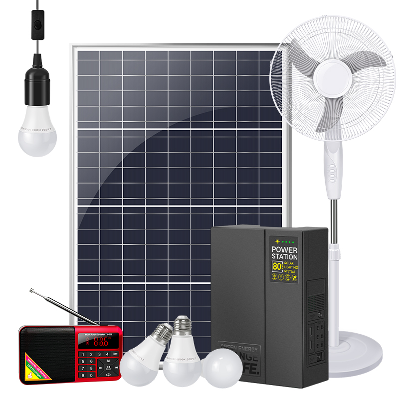 Lighting Globle Certified 50W Solar Home Lighting System with 16 Inches Fan and 32 Inches TV and Radio and Four Bulbs for Offgrid Camping Outside Use