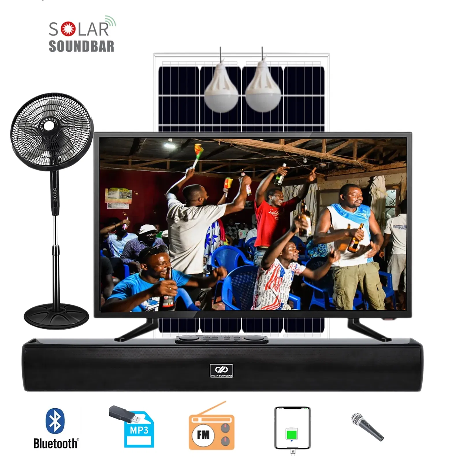Amazon Hot Selling Solar TV System Kit with 32inch Smart TV DC Fan LED Lighting Phone Charging MP3 FM Radio Bluetooth Singing Function for Home