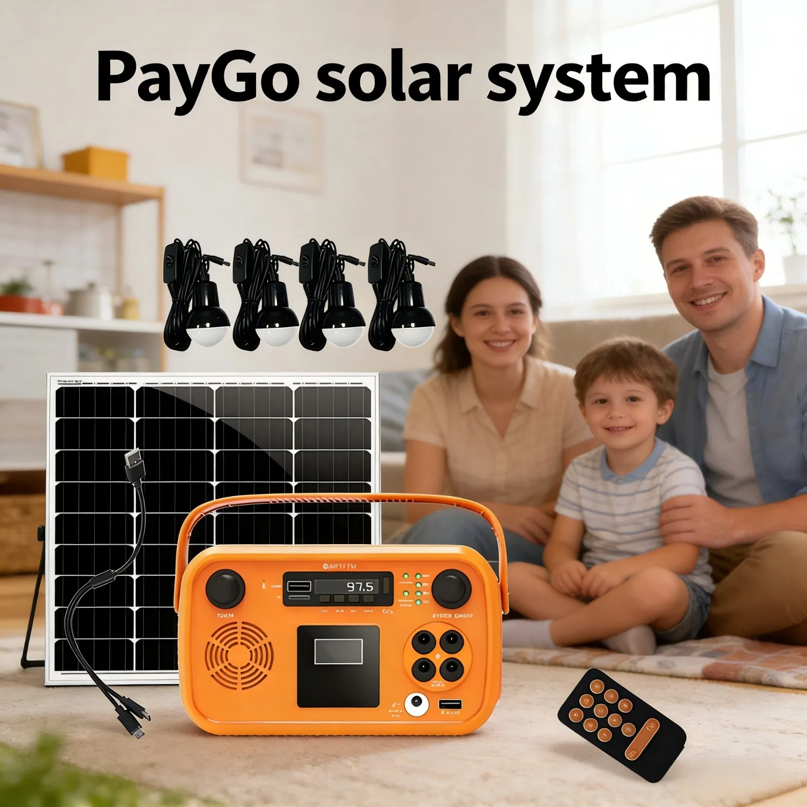 Paygo Solar Powered Home System with Radio/Bluetooth Speaker/Flashlight/ LED Bulbs