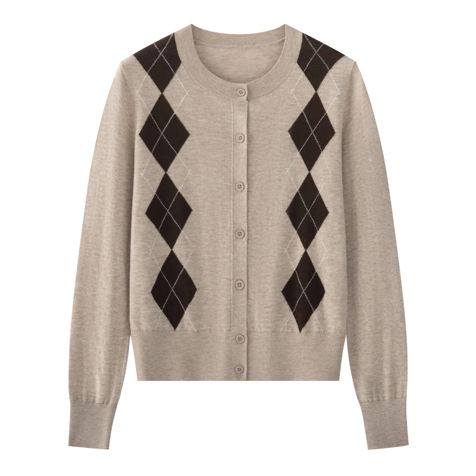 Women's Diamond Jacquard Crew Neck Knitted Cardigan
