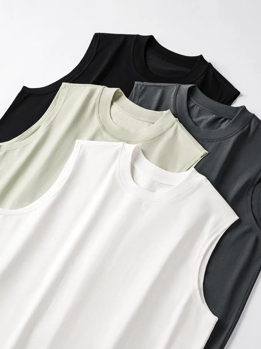 صيف 230GSM 20s قميص بلا أكمام من القطن الجليدي بلون موحد مع فتحة جانبية 70%Cotton 30%Polyester قميص رجالي
