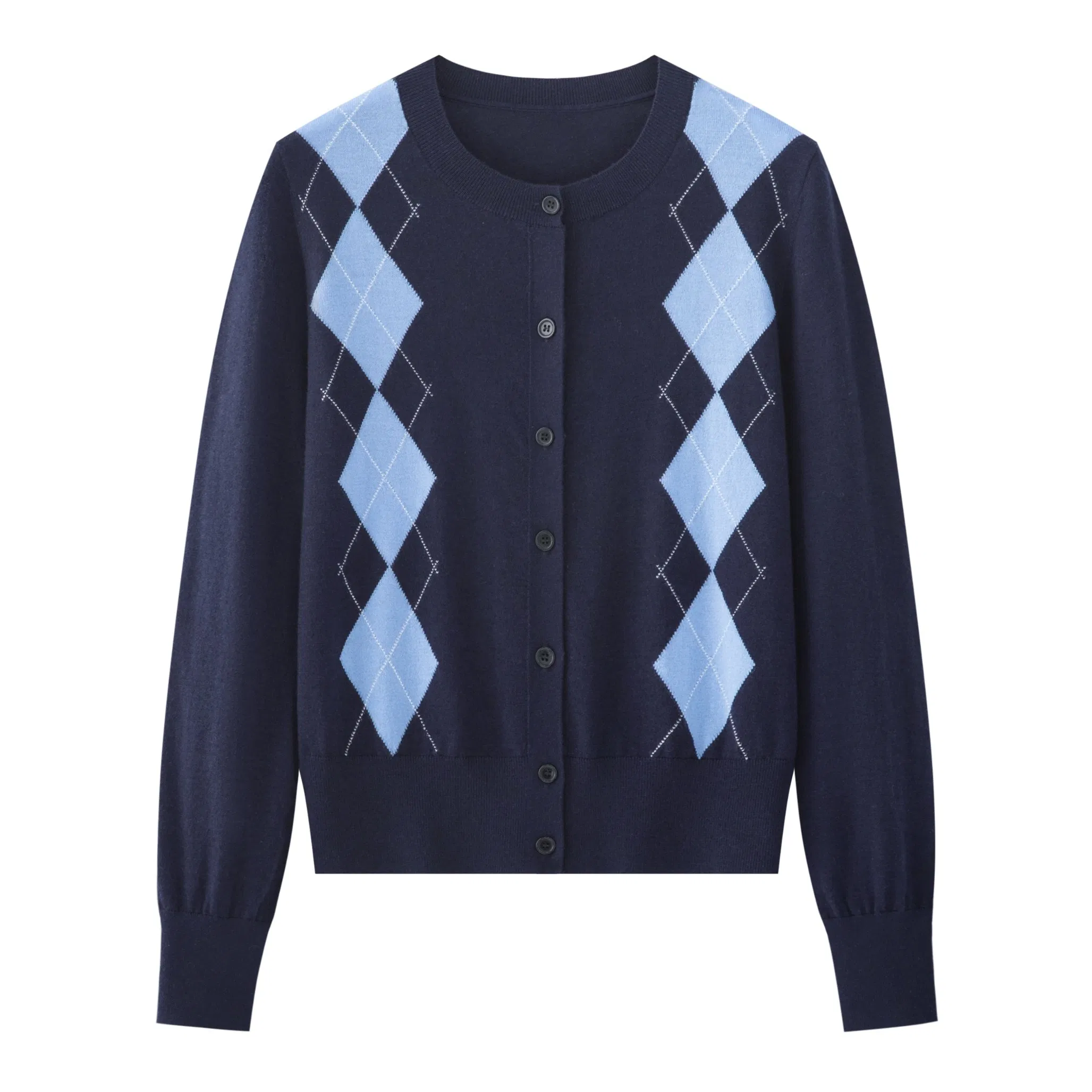 Women's Diamond Jacquard Crew Neck Knitted Cardigan