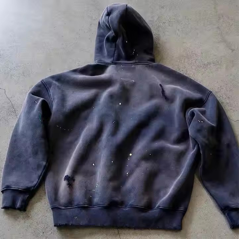 سحاب عالي الجودة 100%Cotton سترة هوديه مصنوعة يدويًا بتصميم متآكل ثقيل الوزن مع غسيل حمضي بسحاب مزدوج سويت شيرت بقلنسوة بشعار مخصص
