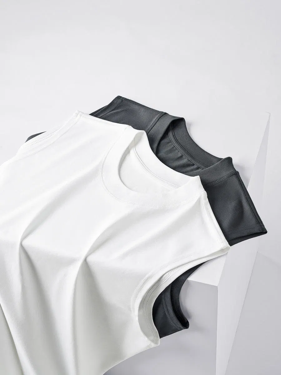 صيف 230GSM 20s قميص بلا أكمام من القطن الجليدي بلون موحد مع فتحة جانبية 70%Cotton 30%Polyester قميص رجالي