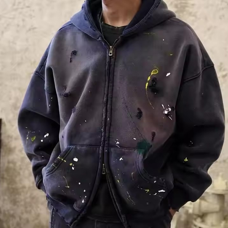 سحاب عالي الجودة 100%Cotton سترة هوديه مصنوعة يدويًا بتصميم متآكل ثقيل الوزن مع غسيل حمضي بسحاب مزدوج سويت شيرت بقلنسوة بشعار مخصص