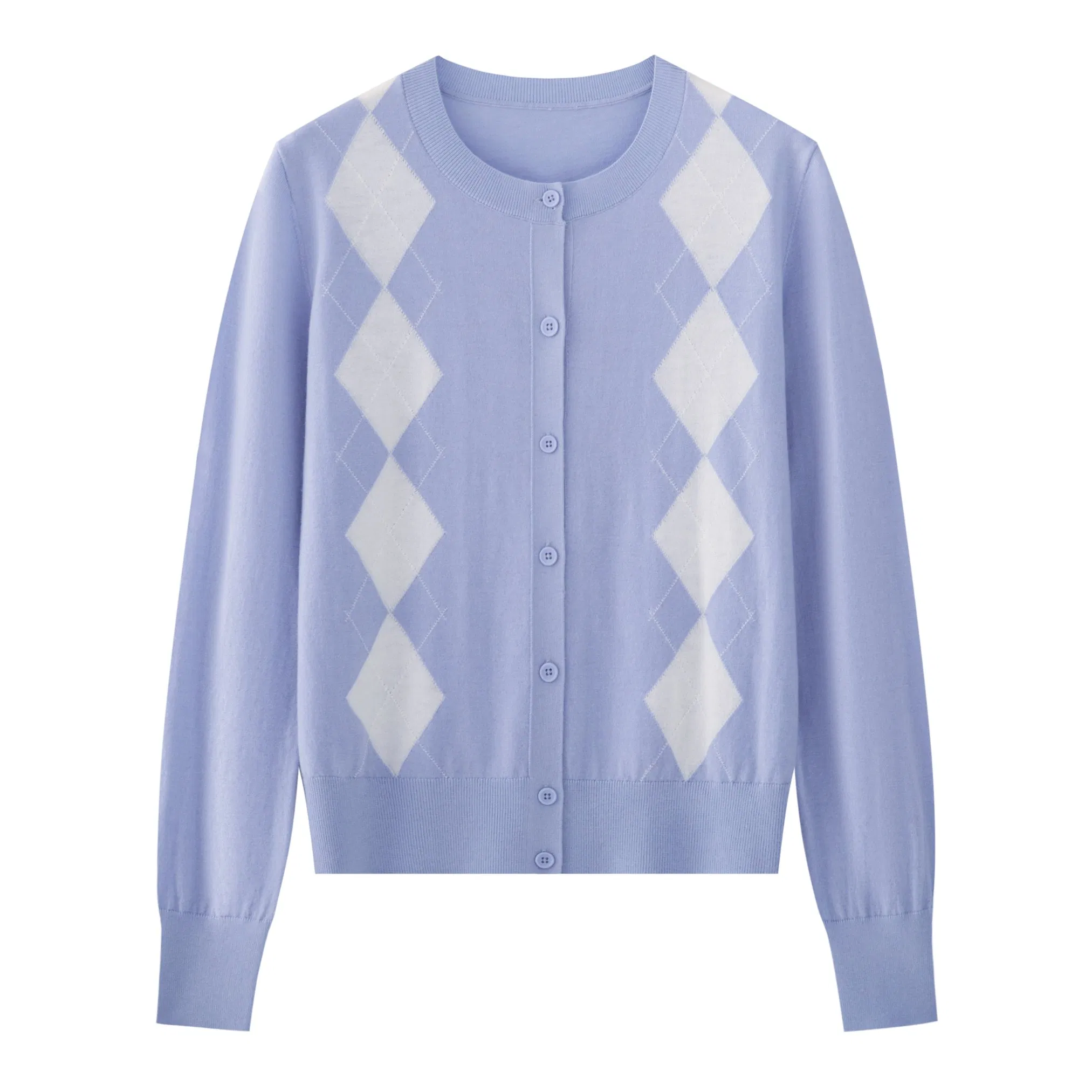 Women's Diamond Jacquard Crew Neck Knitted Cardigan