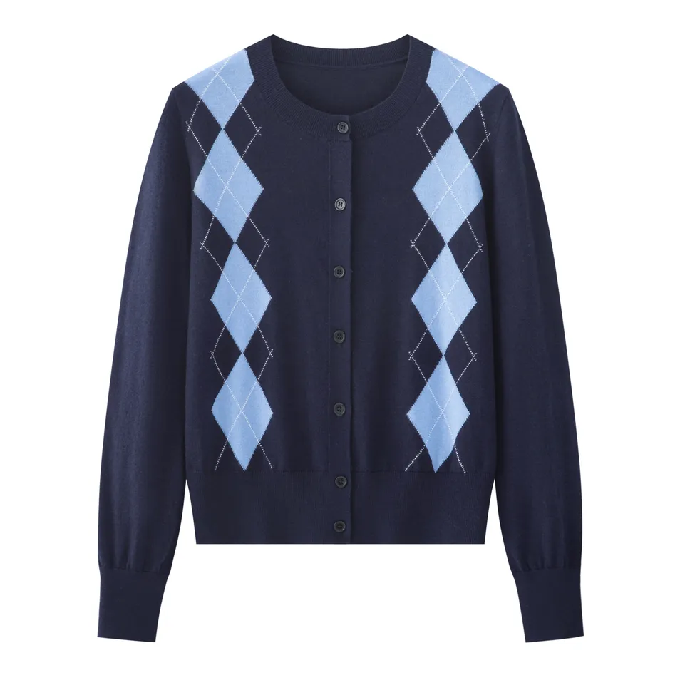 Women's Diamond Jacquard Crew Neck Knitted Cardigan