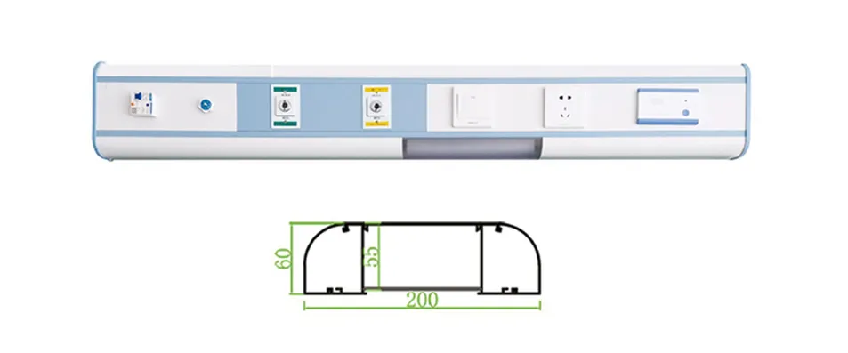 Unidad de cabecera de cama hospitalaria modular con sistema integrado de gas, eléctrico, energía, iluminación y comunicación