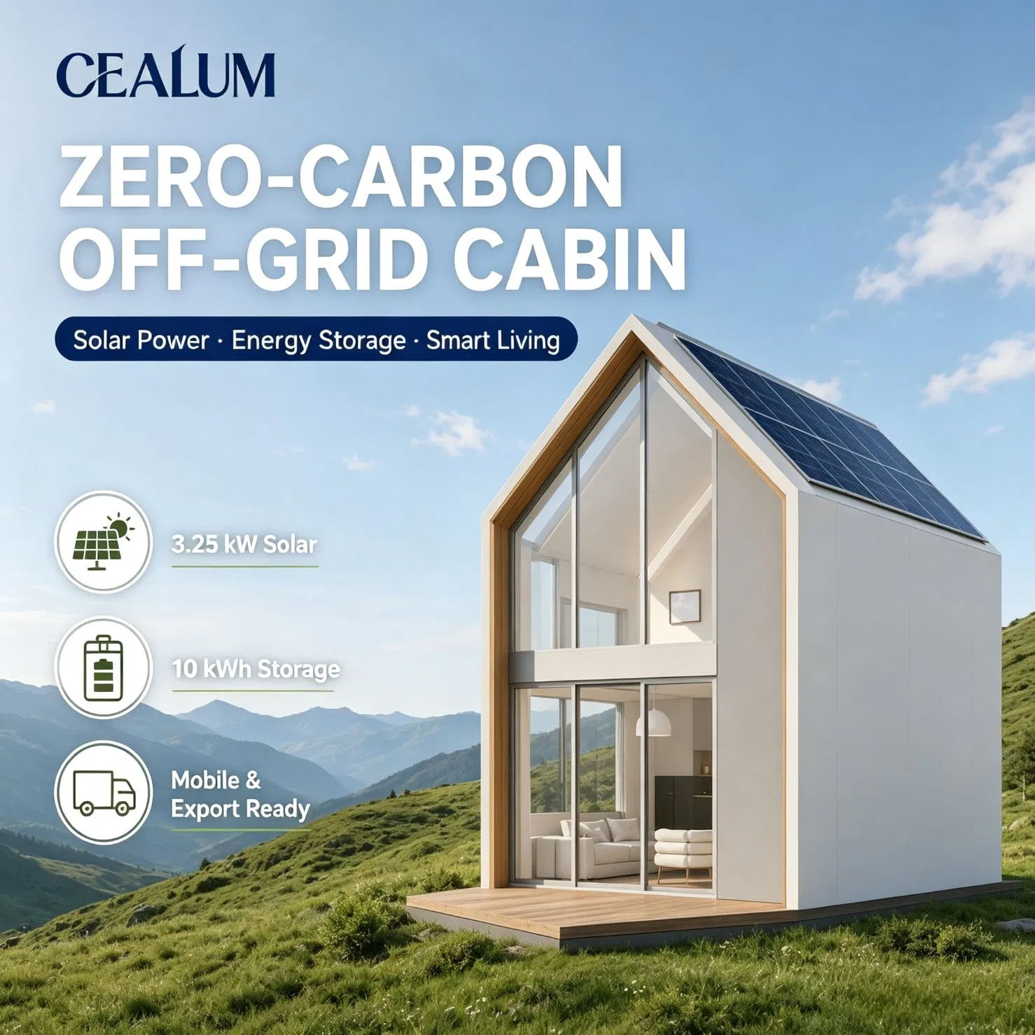 Casa Tiny Modular Autónoma y Autopropulsada, Cabaña Solar Cero Carbono Preconstruida Cealum con Almacenamiento de Energía de Batería, Villa de Glamping Transportable Lista para Exportar