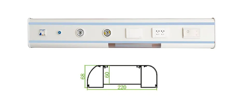 Unidad de cabecera de cama hospitalaria modular con sistema integrado de gas, eléctrico, energía, iluminación y comunicación