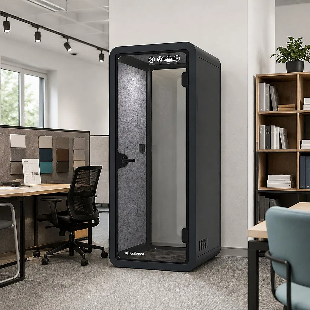 Cabina de espacio de trabajo transportable prefabricada con soporte integrado para sombrilla