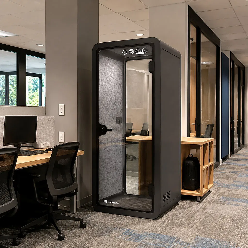 Cabina de espacio de trabajo transportable prefabricada con soporte integrado para sombrilla