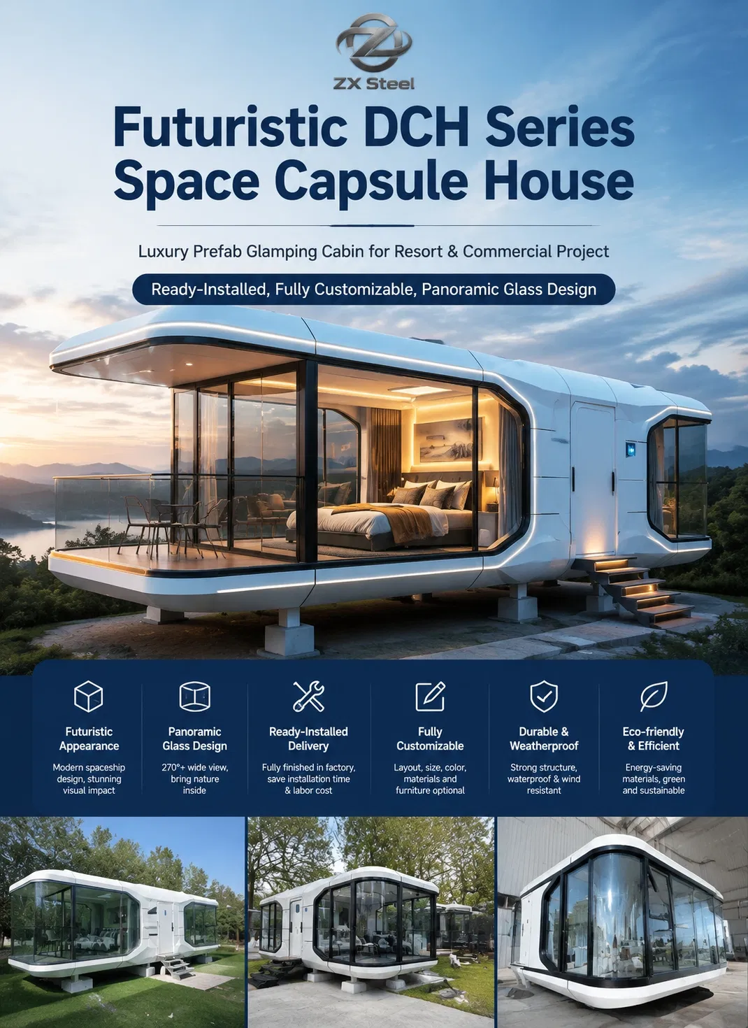 Casa Cápsula Espacial Móvil Prefabricada de Aluminio Modular para Hoteles