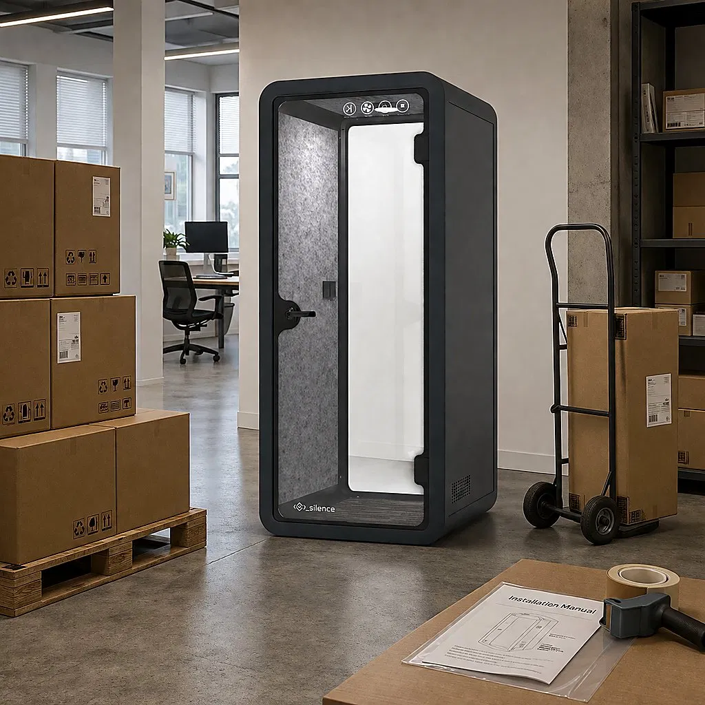 Cabina de espacio de trabajo transportable prefabricada con soporte integrado para sombrilla