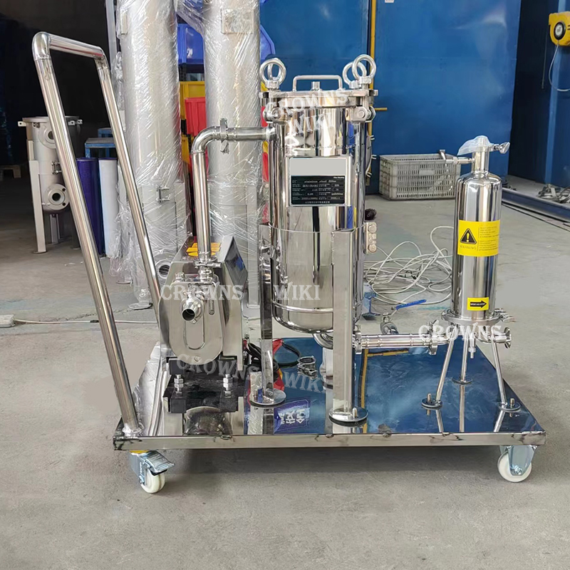 Unidad de filtro montada en carro portátil con bomba, vivienda de filtro de bolsa y cartucho de acero inoxidable sanitario para jarabe, aceite comestible