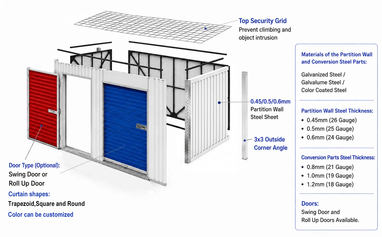 Unidades de almacenamiento mini interior con particiones modulares de acero, puerta enrollable