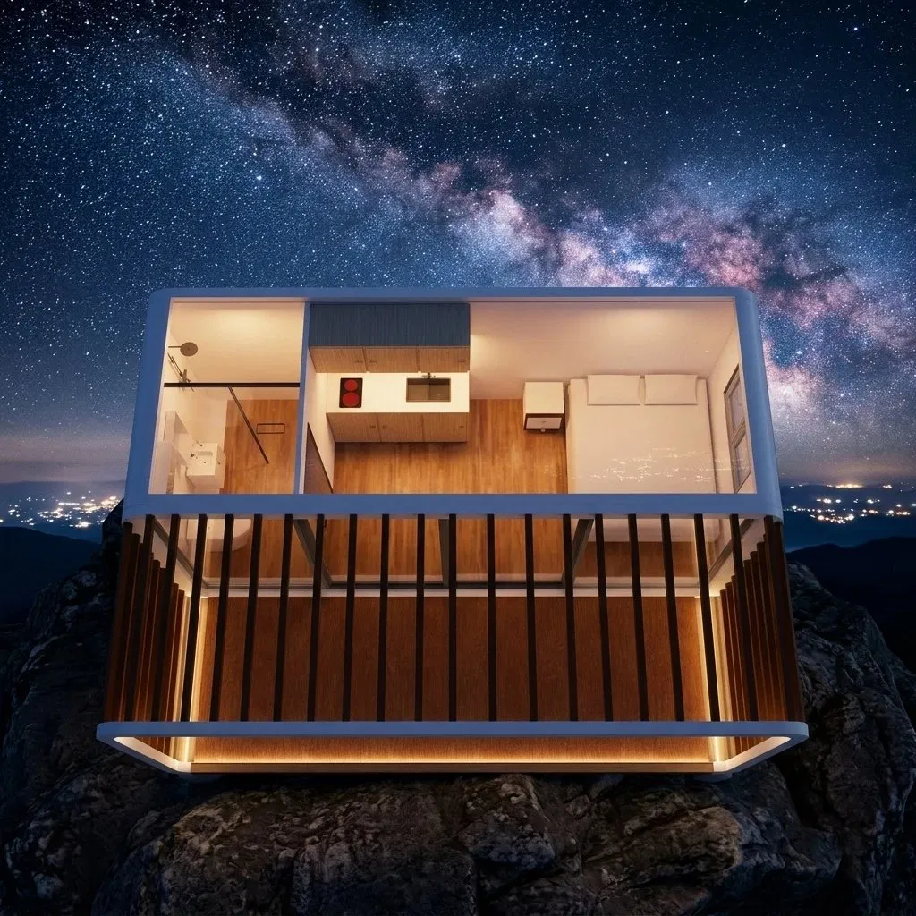 Unidad de hotel de manzana de acero moderno portátil con pérgola exterior