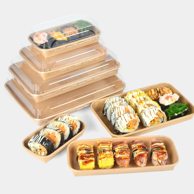 Eco Disposable Biodegradable Sustainable Kraft Paper Sushi Plastictray Recyclable Lunch Packaging Food Paper Container with PLA Coating