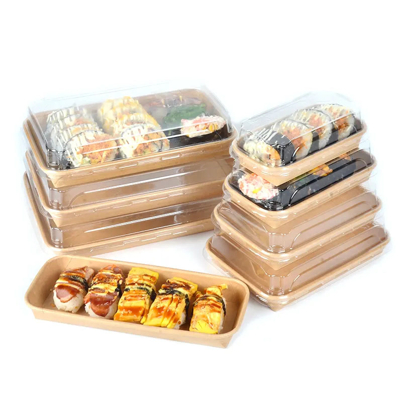 Eco Disposable Biodegradable Sustainable Kraft Paper Sushi Plastictray Recyclable Lunch Packaging Food Paper Container with PLA Coating