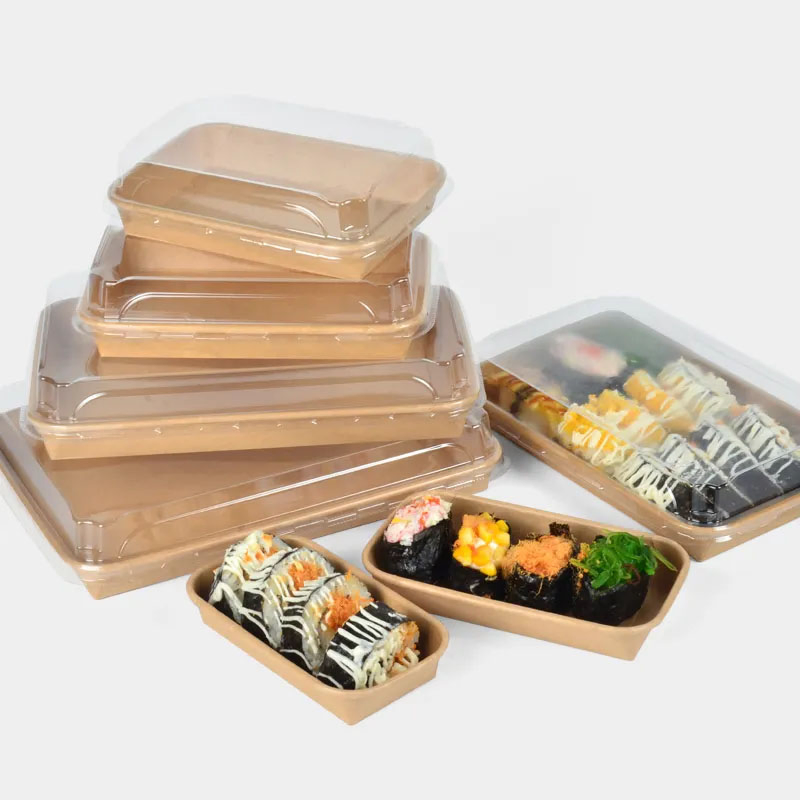 Eco Disposable Biodegradable Sustainable Kraft Paper Sushi Plastictray Recyclable Lunch Packaging Food Paper Container with PLA Coating