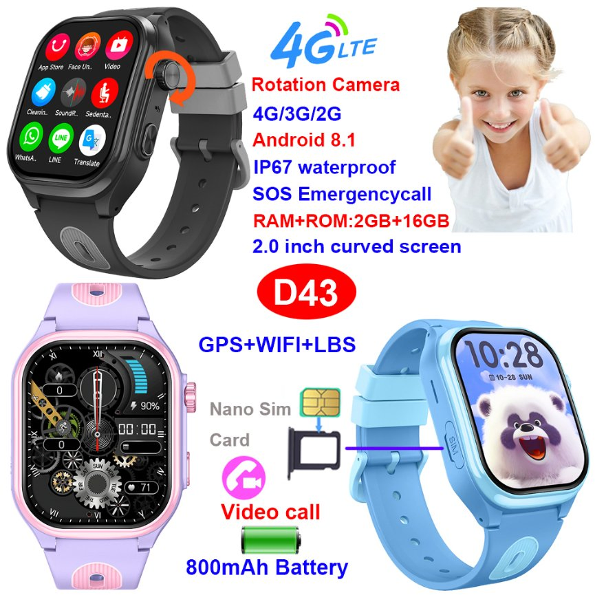Top quality 4G LTE IP67 waterproof students GPS smart watch with real time tracking for personal security D43