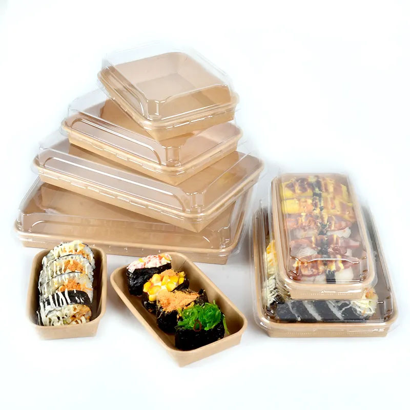 Eco Disposable Biodegradable Sustainable Kraft Paper Sushi Plastictray Recyclable Lunch Packaging Food Paper Container with PLA Coating
