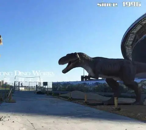 Dinosaur models along a park pathway
